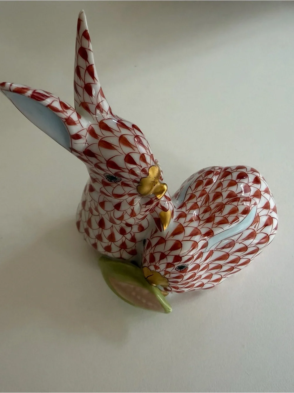 Herend Red Fishnet Porcelain Bunny with Gold Accents